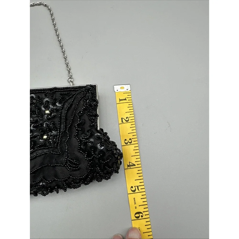 Black beaded and sequin purse with a 21 inch Silver Chain with Silver clasp